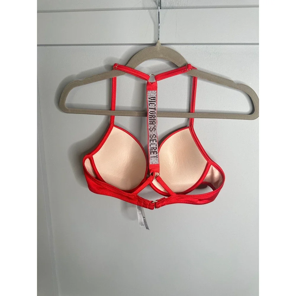 Victoria's Secret Red Rhinestone Strap Push Up‎ Bra Bikini Swim Top 36B